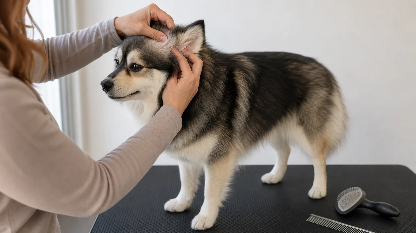 A caregiver gently parts a Pomsky's coat behind one ear with fingers during a voluntary check