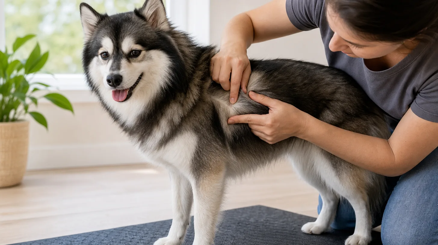 A caregiver gently parts a relaxed Pomsky's coat for a brief visual skin observation