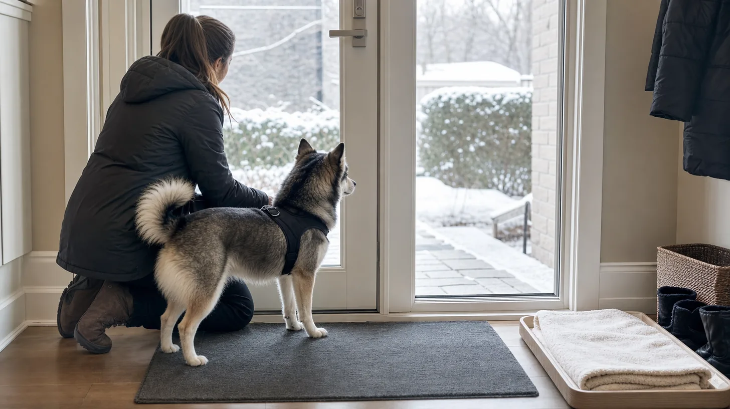 Caregiver and Pomsky check a cleared winter route from a dry home entry