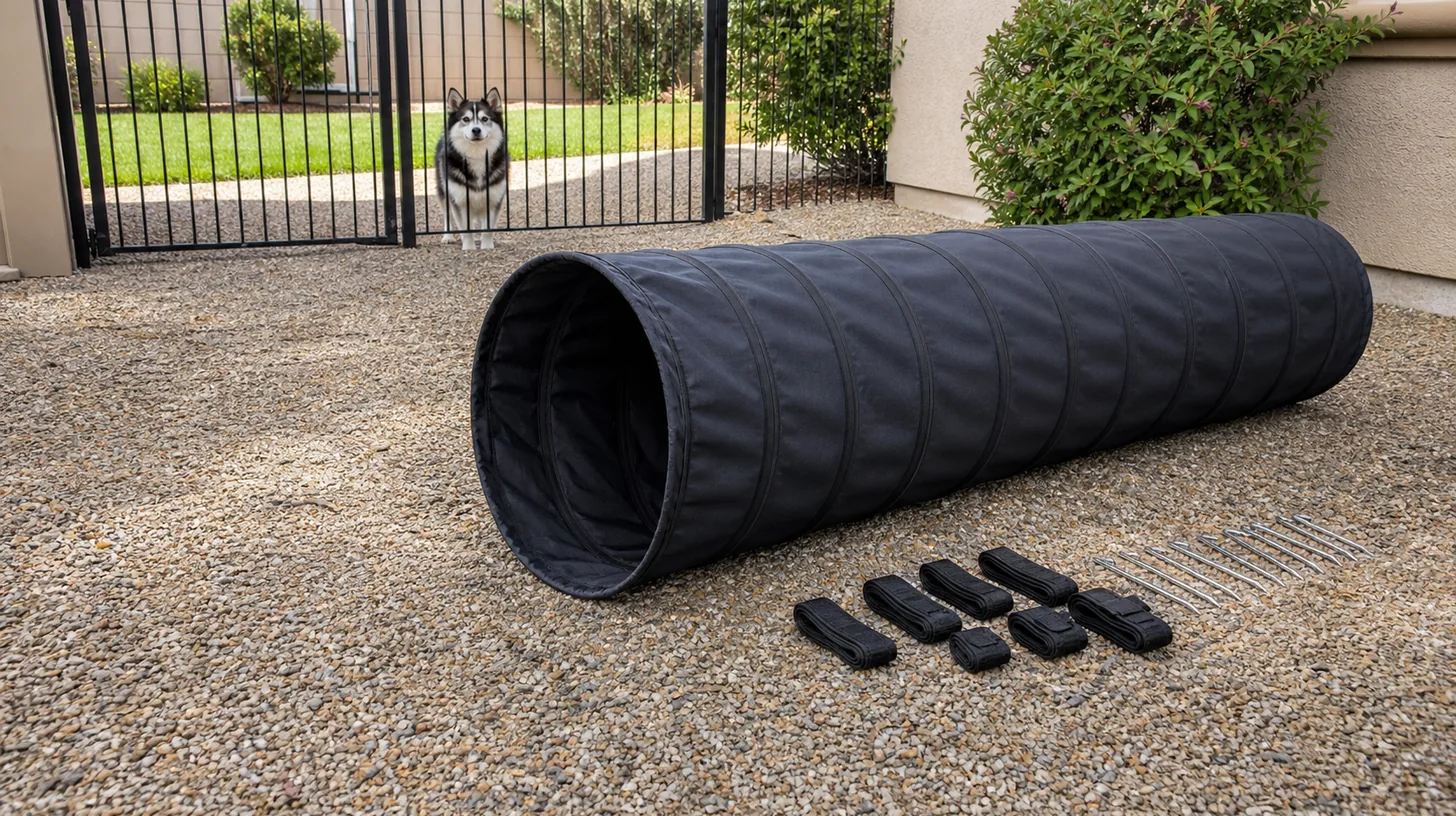 An empty collapsible training tunnel and detached supports rest away from a gated Pomsky