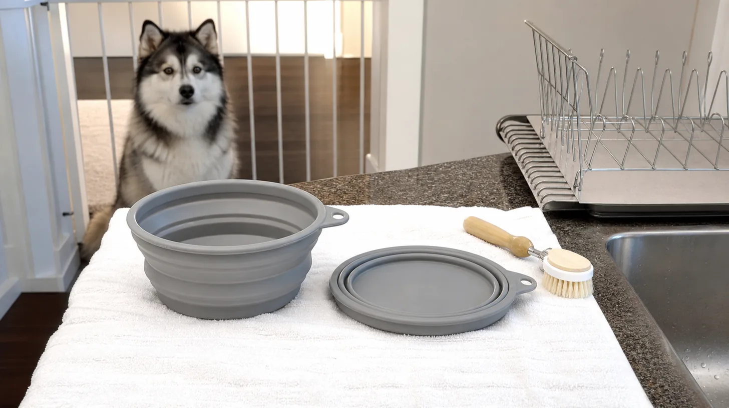 An expanded and folded travel bowl dry on a towel while a Pomsky waits behind a gate