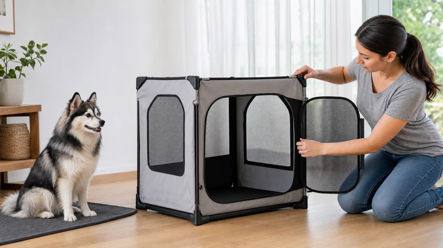 Pomsky waits on a separate mat while a caregiver inspects an open collapsible travel crate