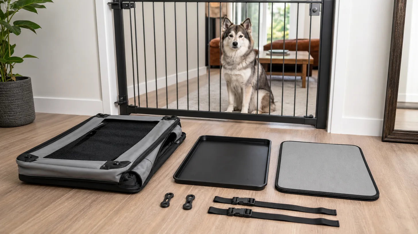 A folded travel crate, tray, mat, clips and straps are counted away from a gated Pomsky