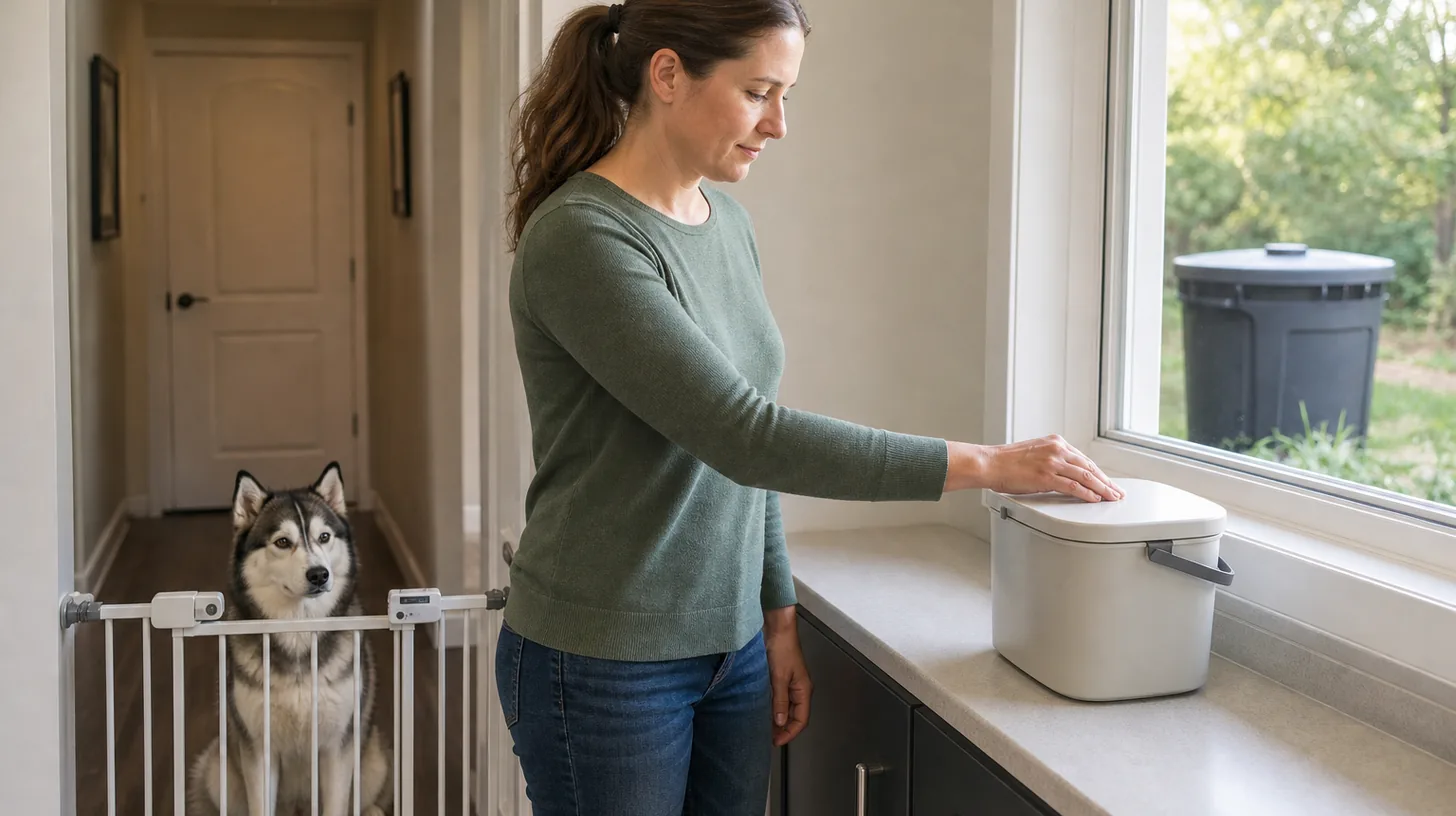 Pomsky behind a secure gate while a caregiver closes a plain compost caddy on a clear counter