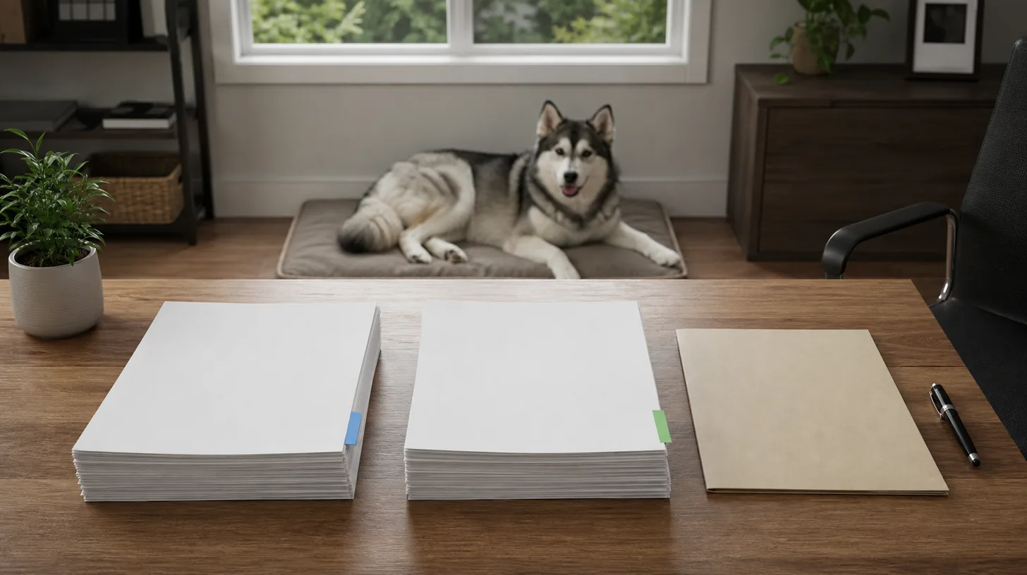 Two blank document stacks with colored tabs sit beside a closed folder and a resting Pomsky