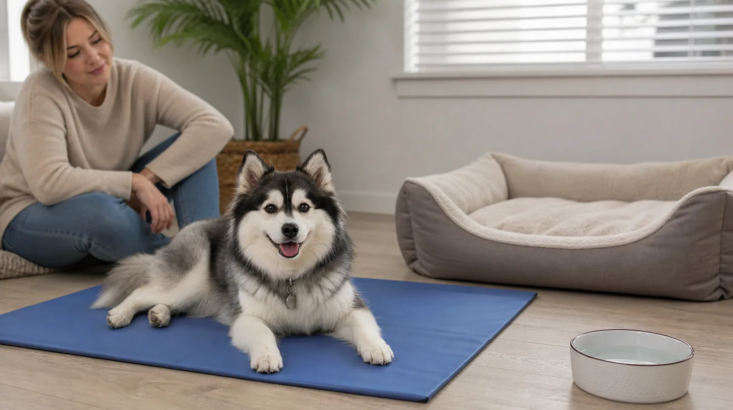 A Pomsky rests voluntarily on an intact cooling mat beside water and a dog bed