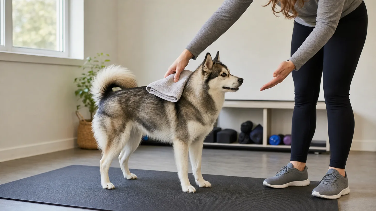 A clean folded towel touches a relaxed Pomsky lightly on the upper back