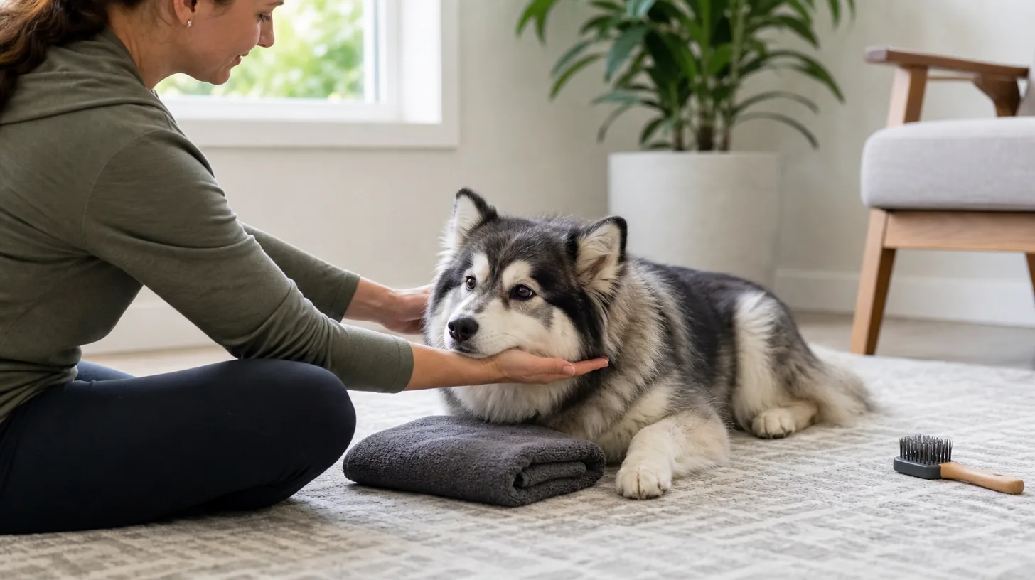 A relaxed Pomsky voluntarily rests its chin on a caregiver's open hand during handling practice