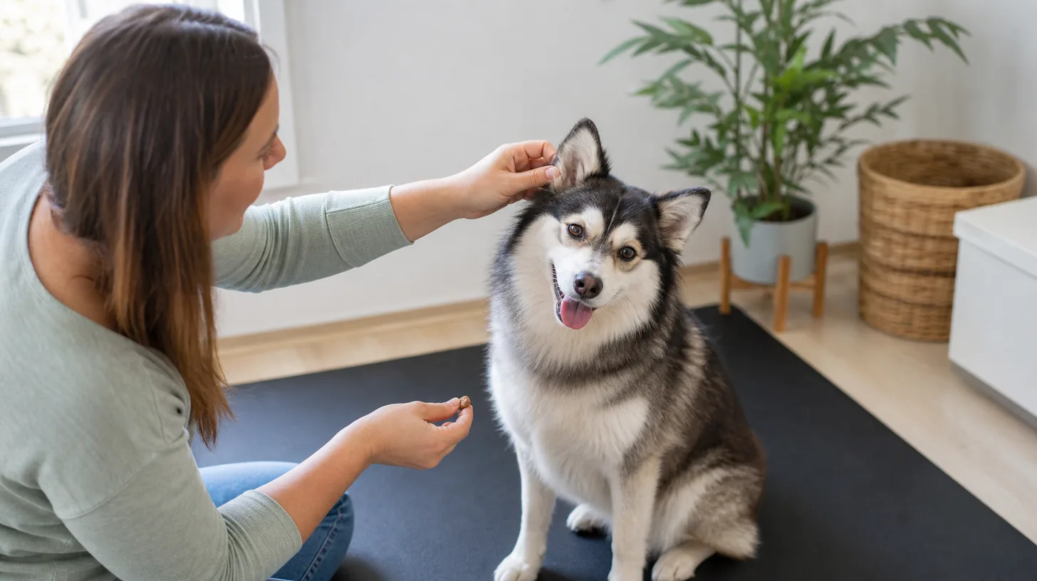 A relaxed Pomsky voluntarily allows a caregiver to touch the outside of one ear while holding a small reward