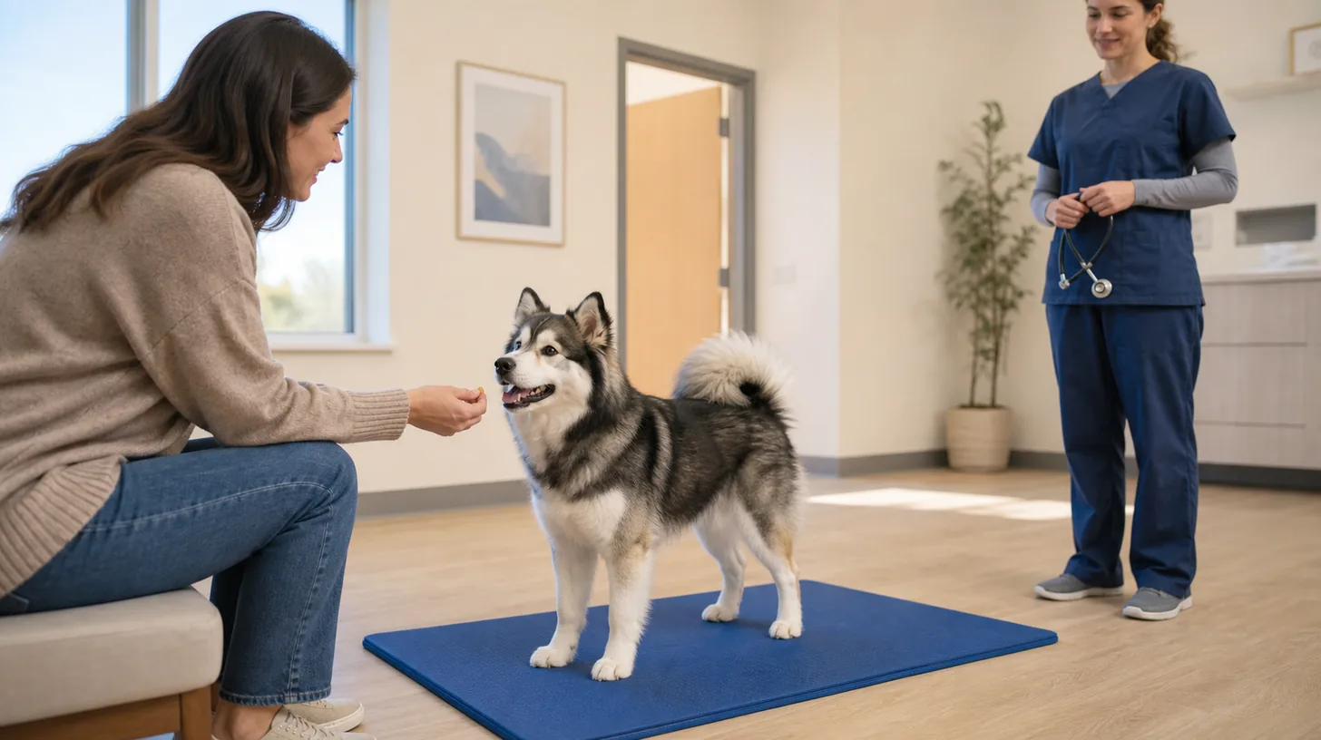 A Pomsky stands voluntarily on a portable exam mat while a caregiver rewards calm participation