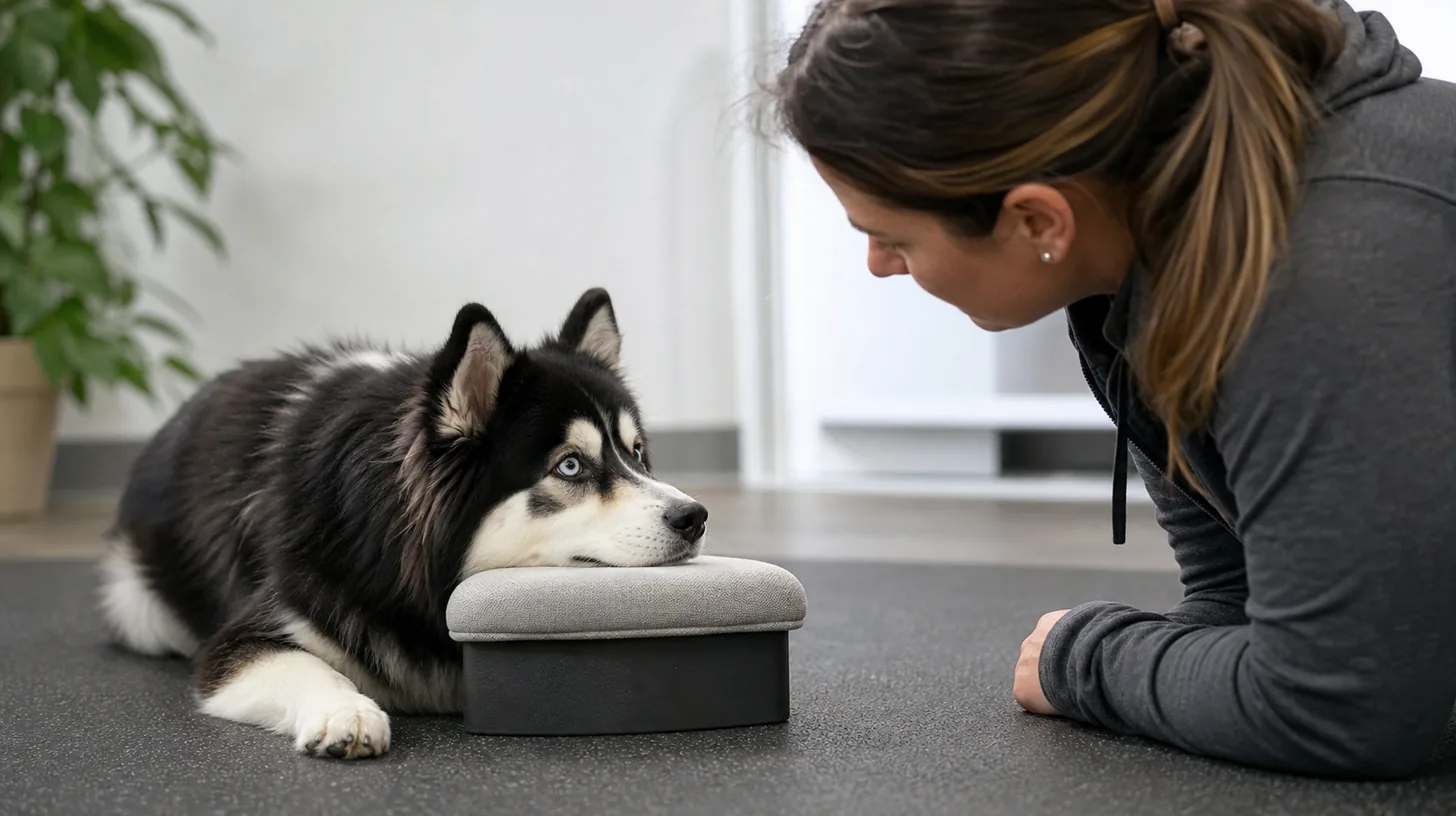 Pomsky offering a voluntary chin rest while a caregiver observes the eye area from the side