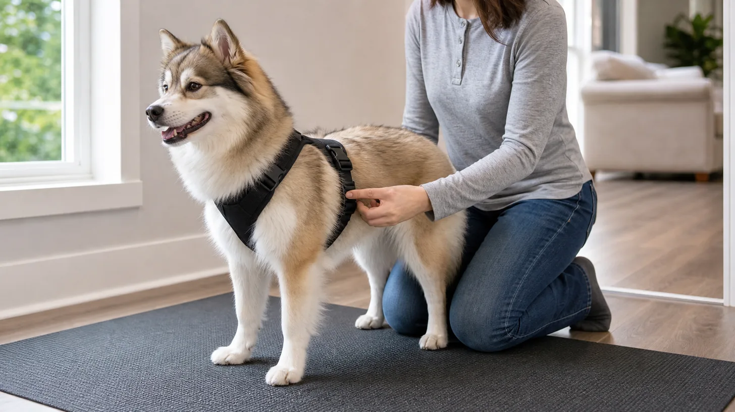 Caregiver checks one adjustment strap on a relaxed Pomsky's fitted harness