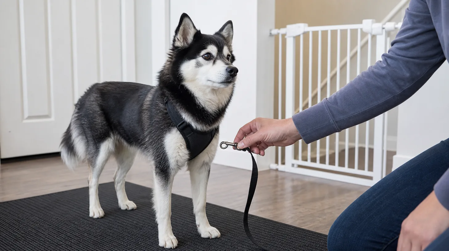 Caregiver approaches a slack leash clip while a Pomsky stands behind a closed safety gate