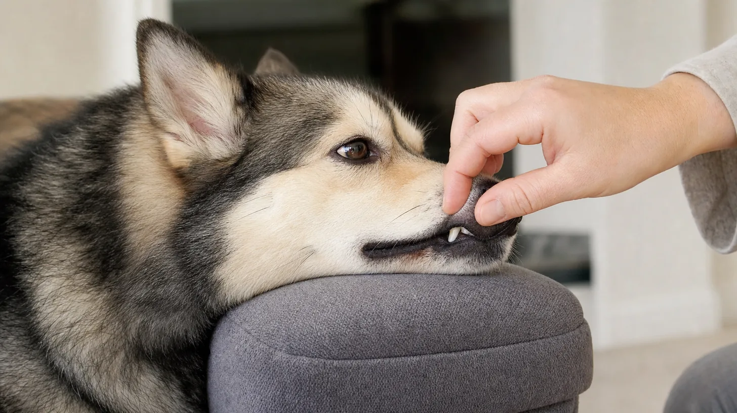 Caregiver performing a brief gentle lip lift on a relaxed Pomsky with a closed jaw