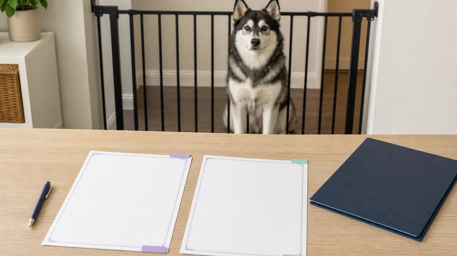 Two blank color-tabbed certificate sheets and a closed folder are reviewed away from a gated Pomsky