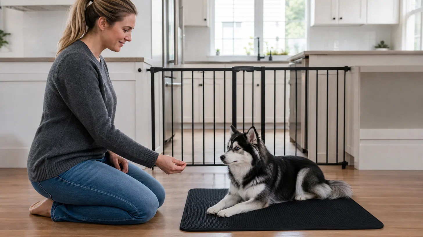 A Pomsky waits on a floor mat behind a closed kitchen gate while a caregiver clears the counter