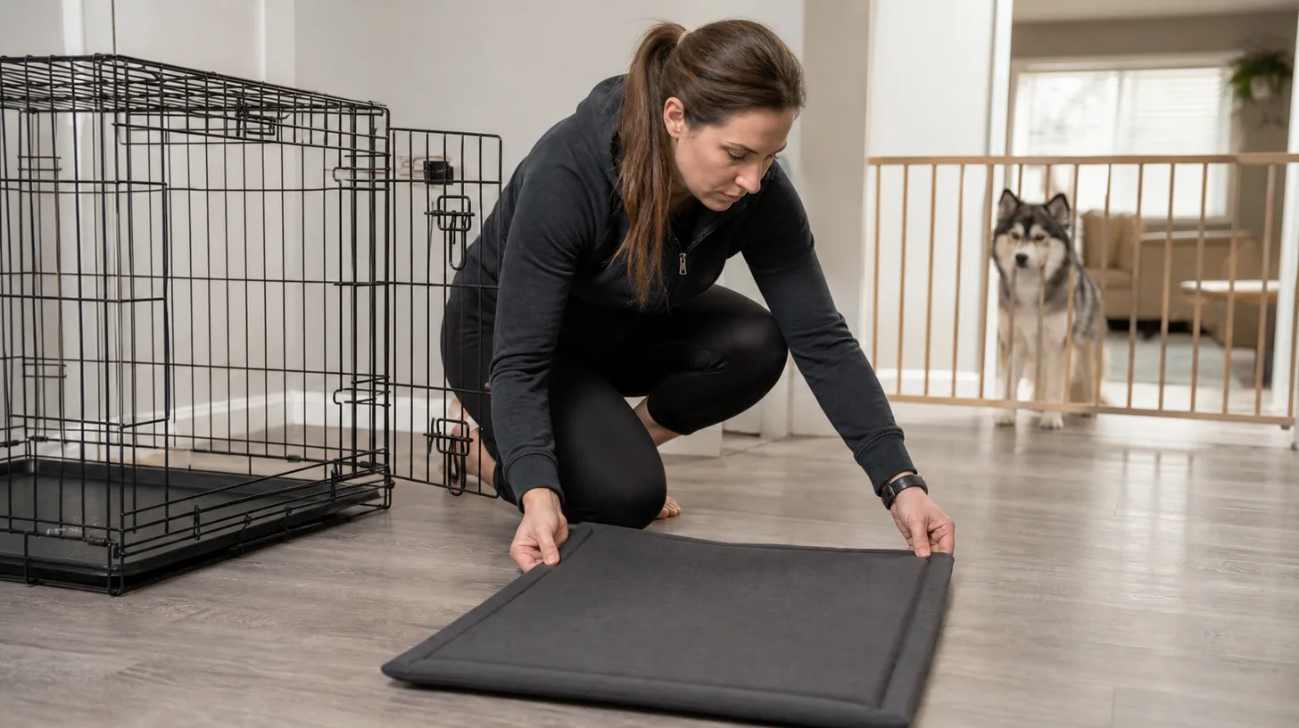 Caregiver checking the seams of a crate mat while a Pomsky waits behind a gate