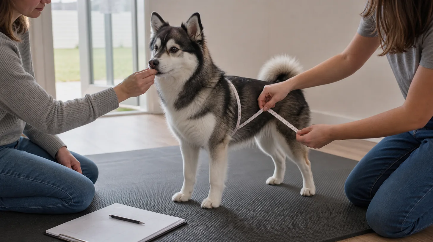 Two caregivers cooperatively measure a standing Pomsky's chest with a soft tape