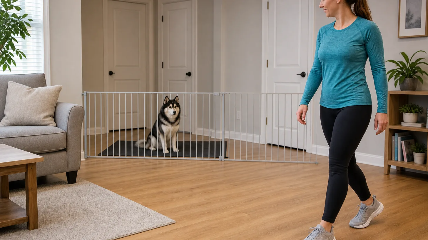 A Pomsky remains on a mat behind a gate while an adult takes one slow exercise step