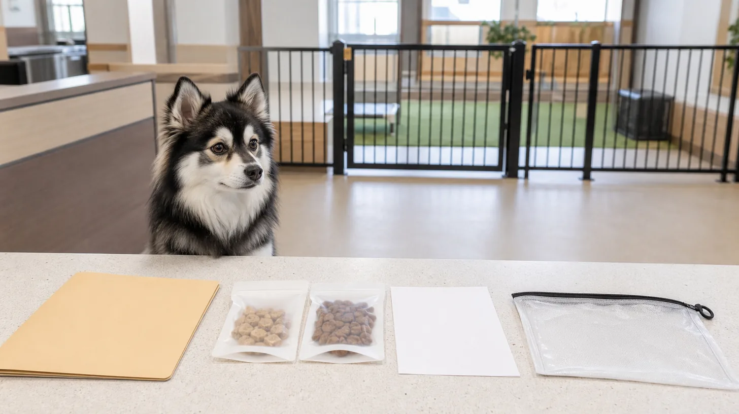Pomsky waits behind a daycare gate while two unbranded treat pouches a blank authorization sheet folder and return pouch sit at check-in