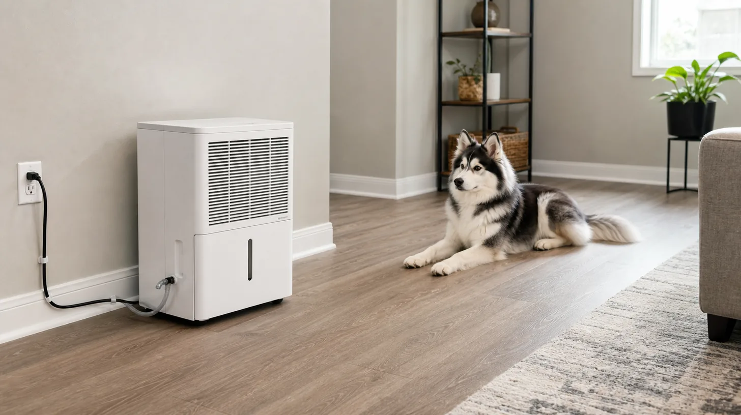 Stable dehumidifier with a secured cord and short drain hose away from a resting Pomsky