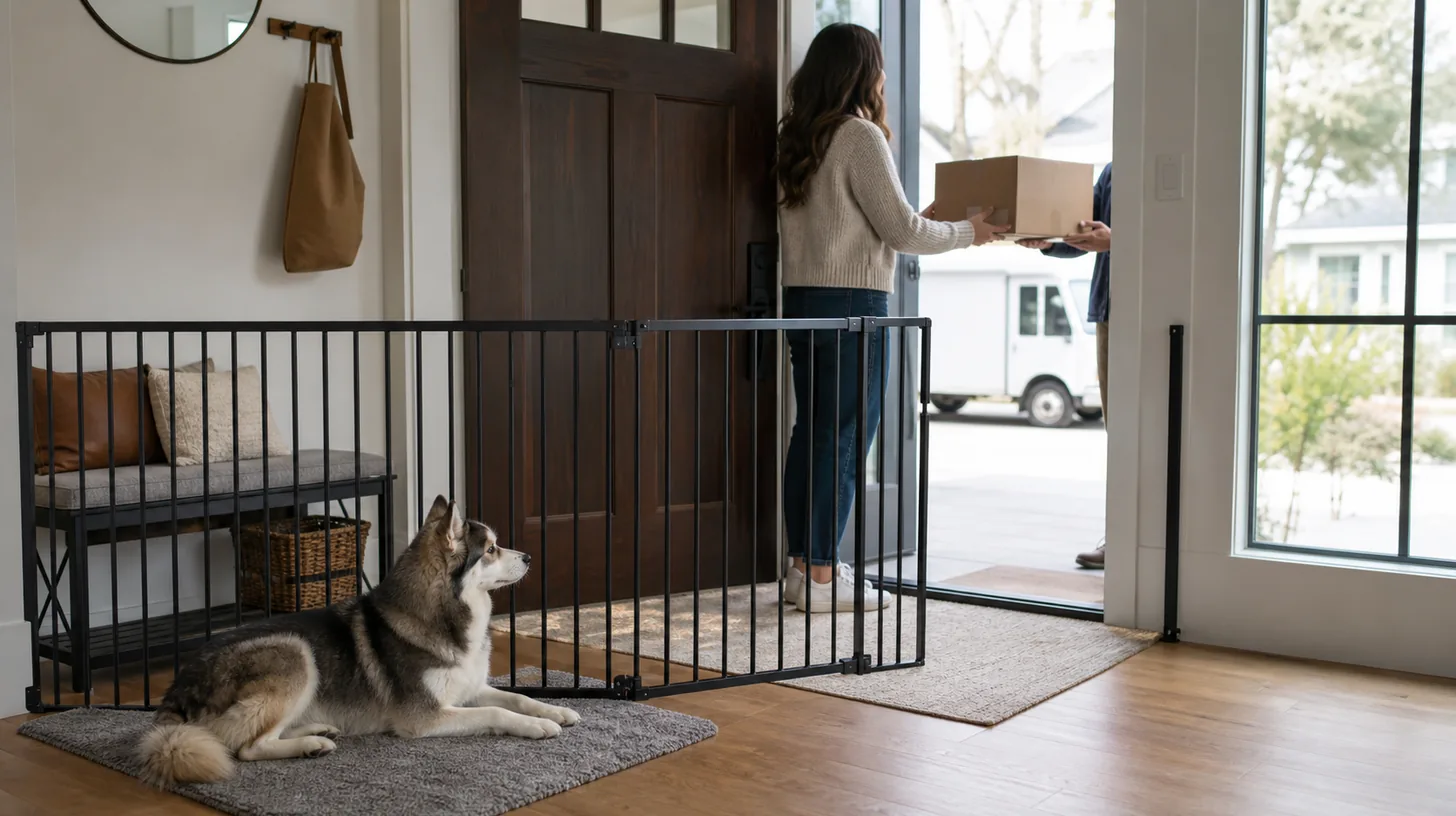 Pomsky rests behind a secure gate while a caregiver receives an unbranded delivery
