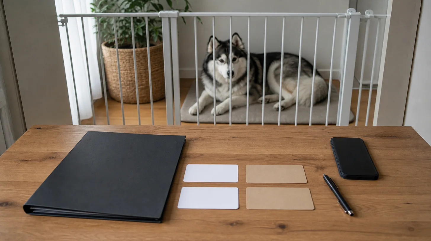 A closed contract folder, blank payment and refund cards and face-down phone sit near a resting Pomsky