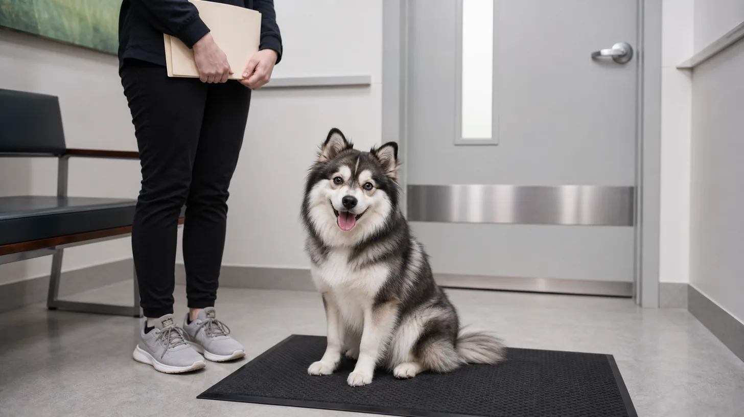 A Pomsky waits on a nonslip mat beside a caregiver with records outside a clinic room