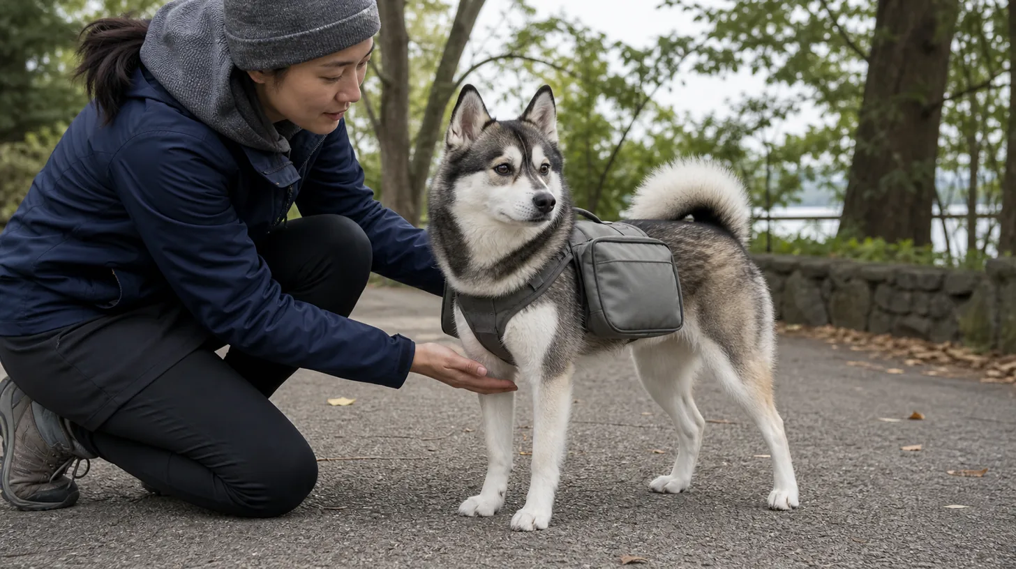 Caregiver checks the fit and clearance of an empty saddlebag backpack on a standing Pomsky