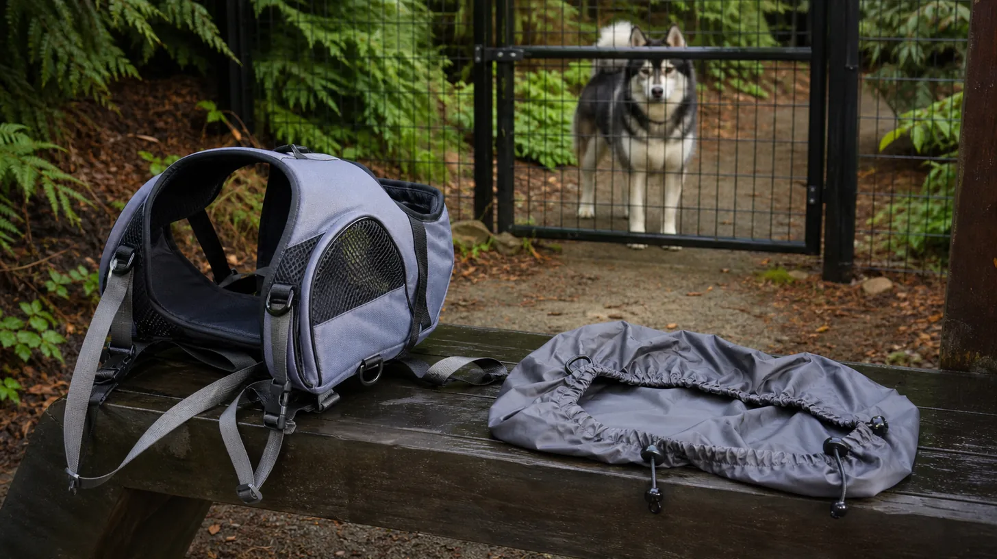 An empty dog backpack and detached rain cover dry while a Pomsky waits behind a gate