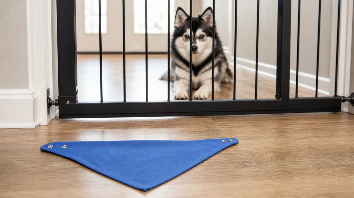 A clean dog bandana lies flat away from a gated Pomsky