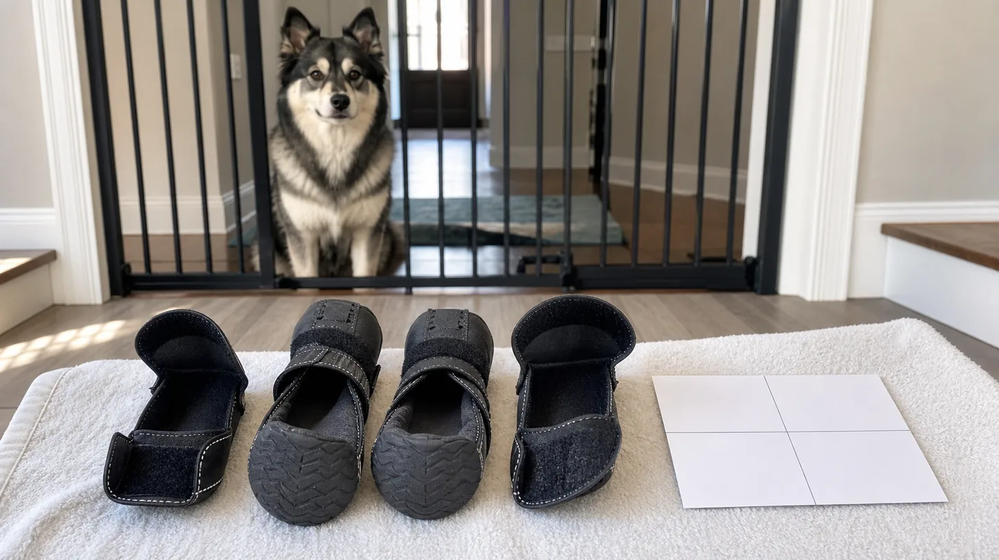 Four open dog boots dry beside a blank four-position card while a Pomsky waits behind a gate
