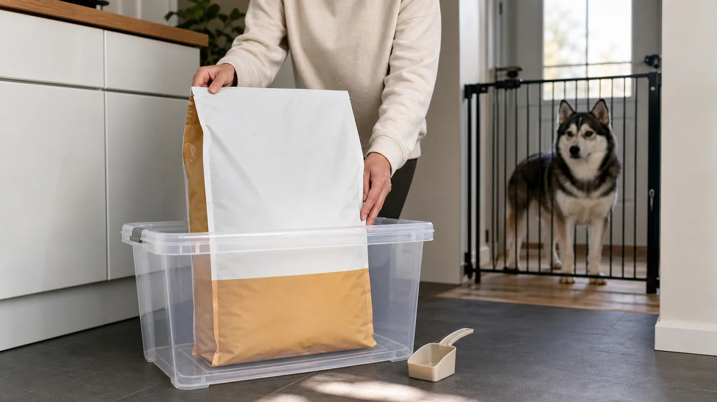 Caregiver placing a complete dog food package inside a clean storage bin