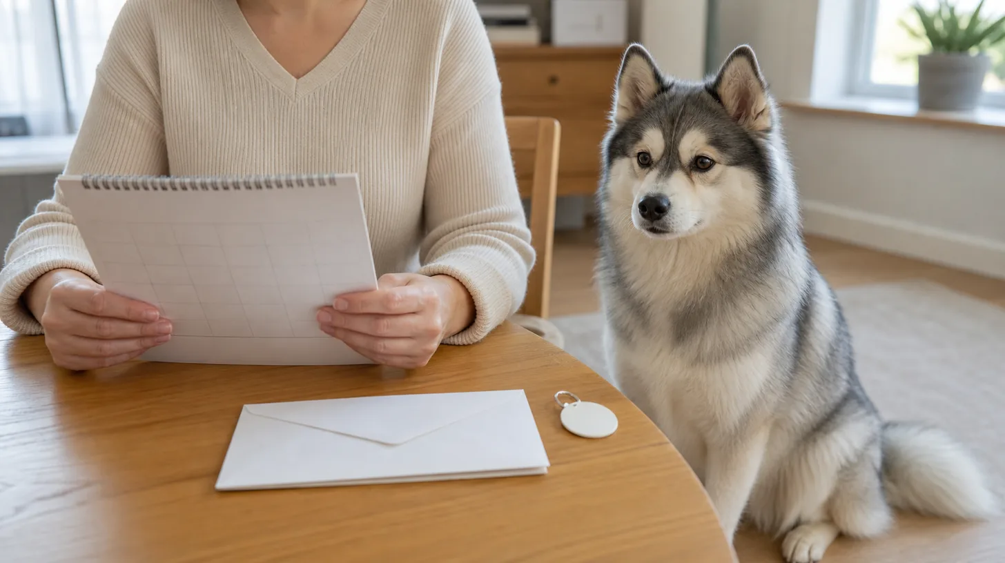 A caregiver reviews a blank calendar and identification tag beside a Pomsky