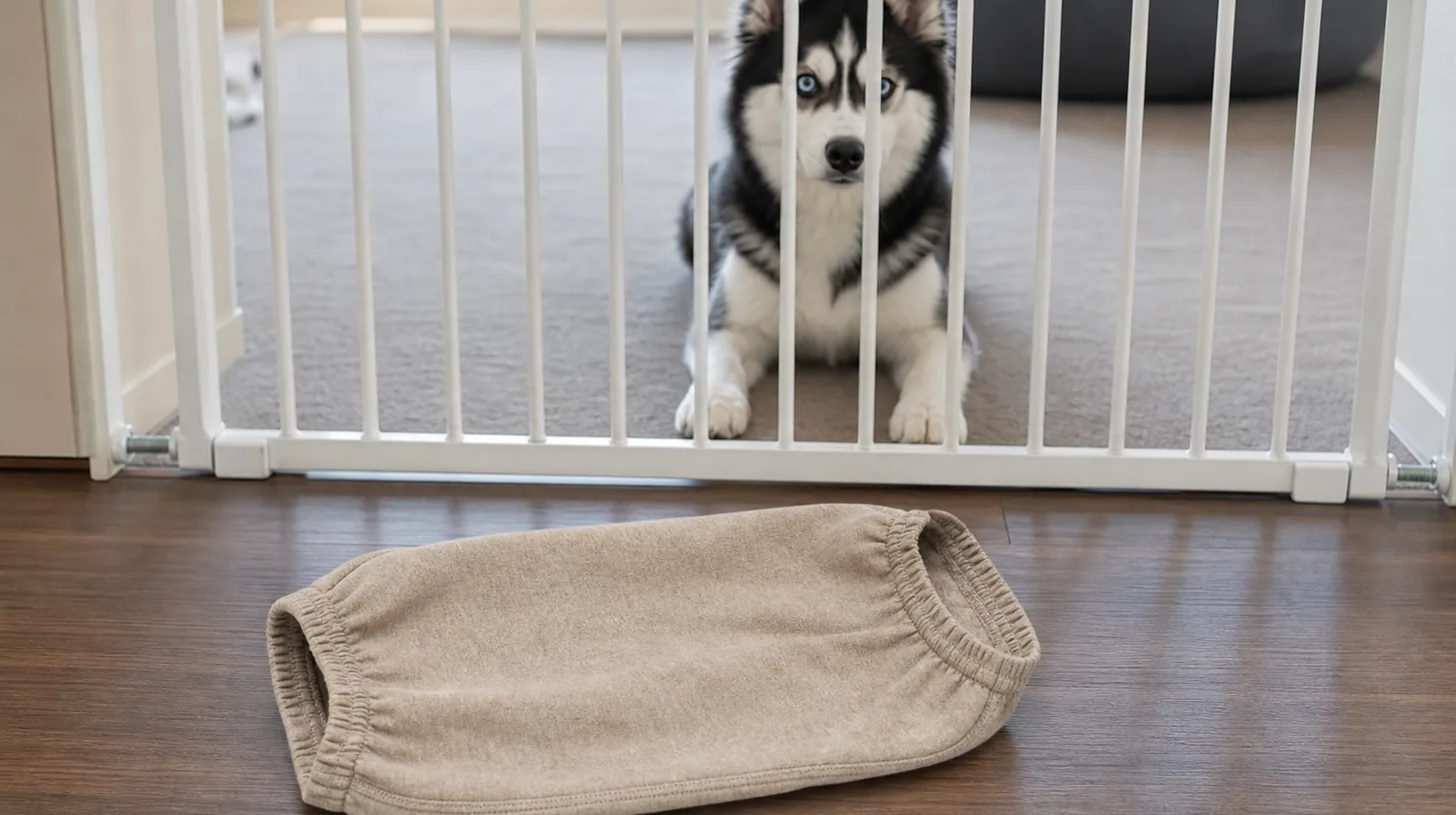A clean dog snood lies flat away from a gated Pomsky
