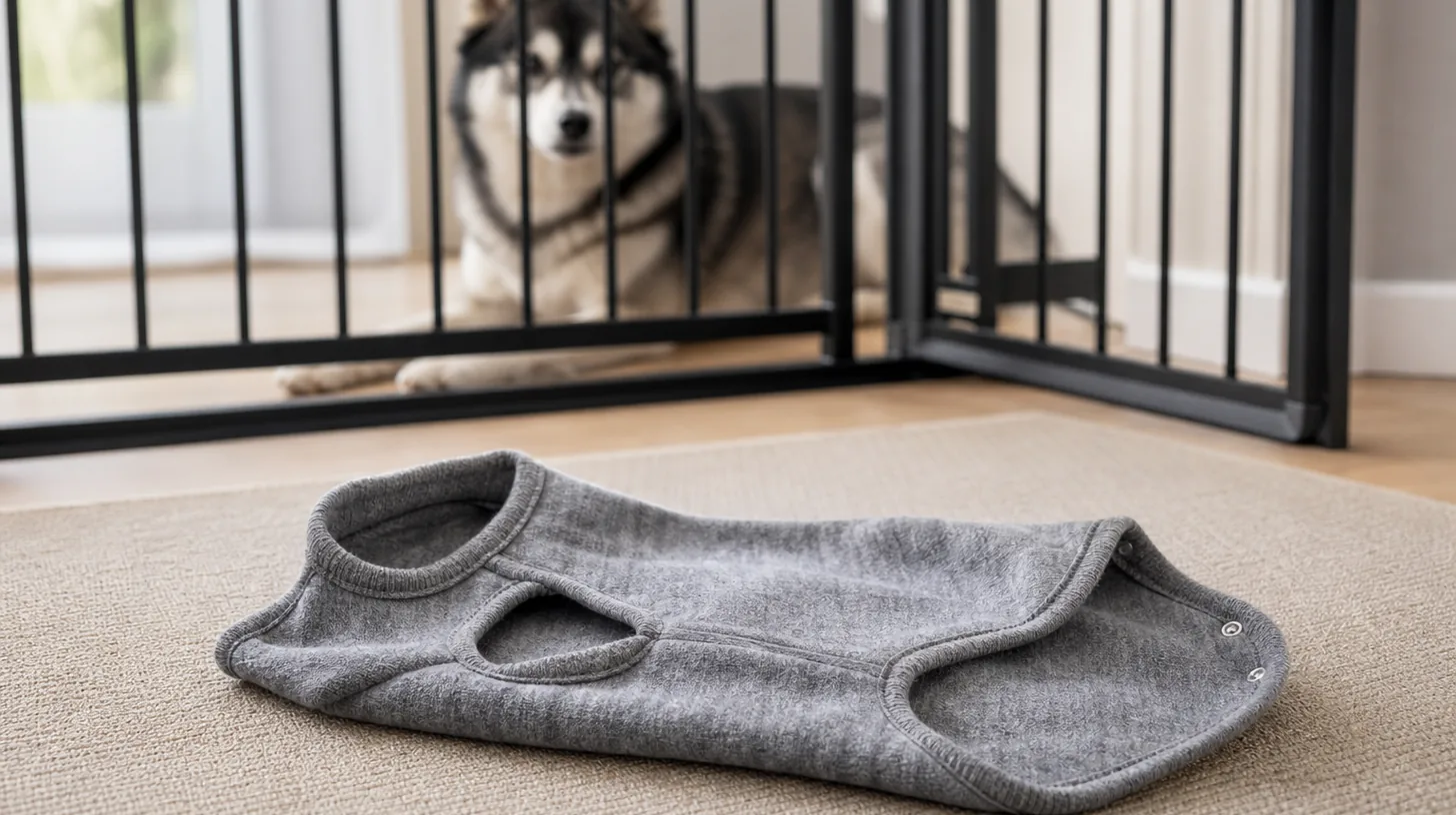 A clean dog sweater lies flat for inspection away from a gated Pomsky