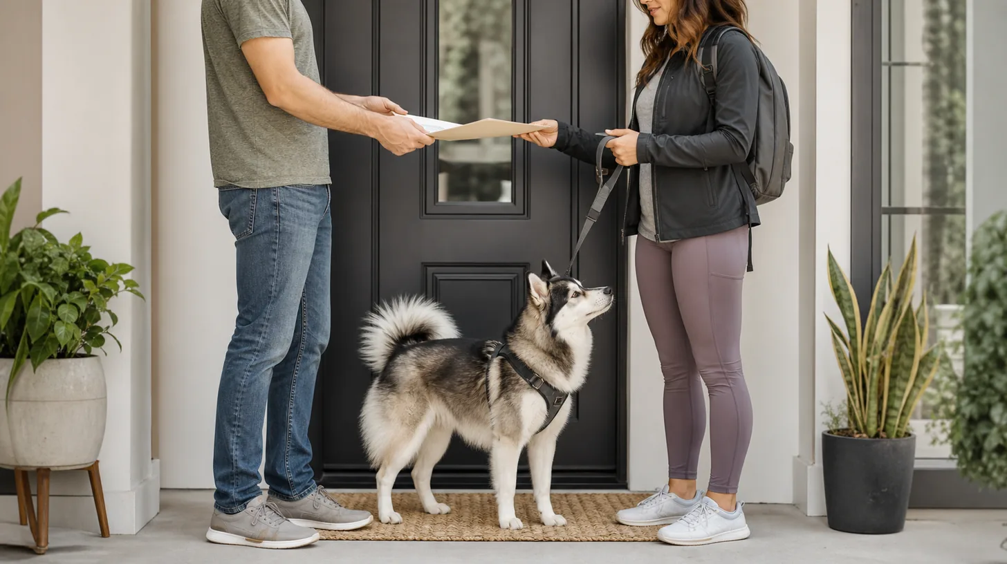 A Pomsky stands calmly while an owner hands a private care packet to a dog walker