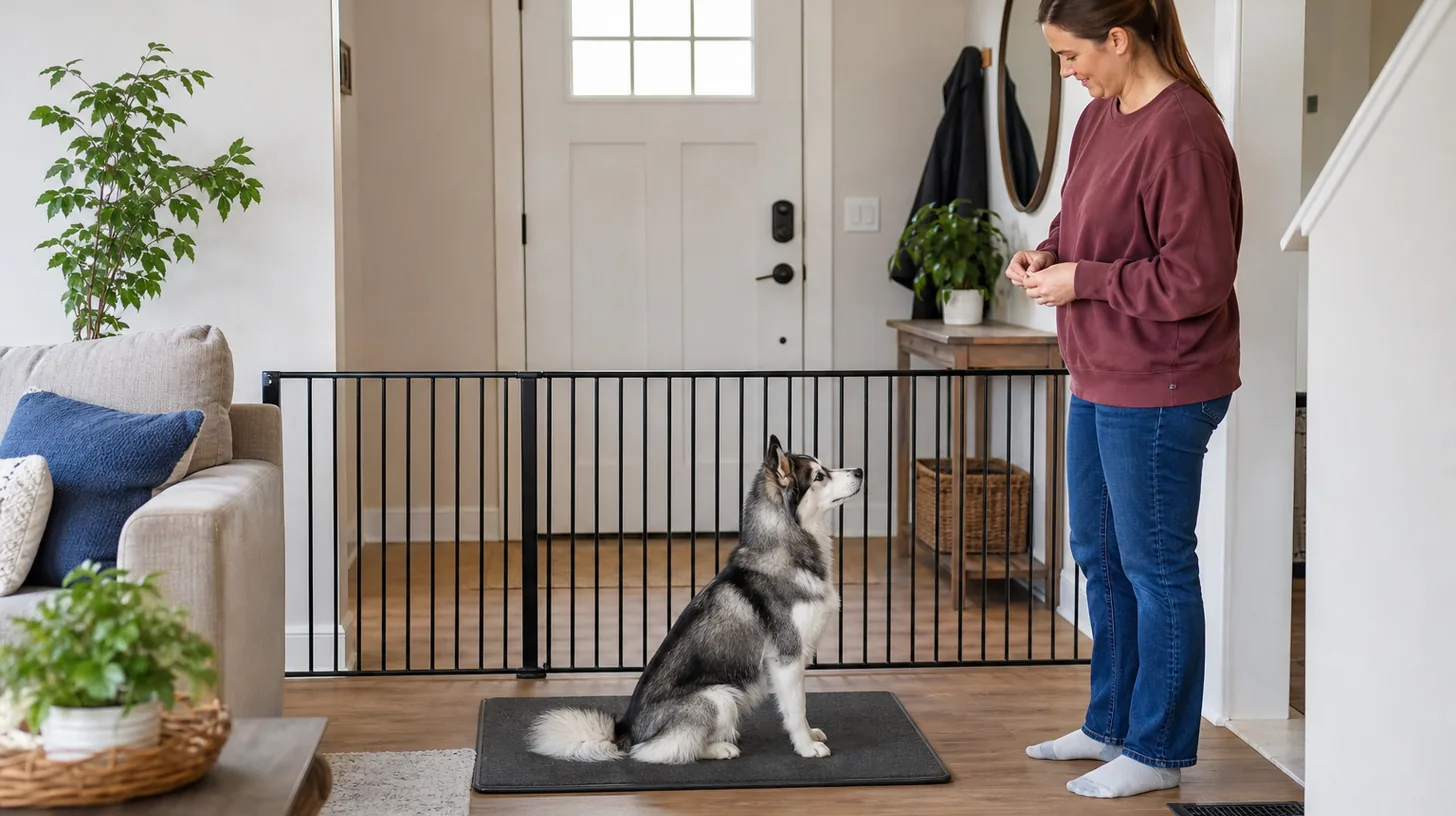 A Pomsky sits on a mat separated from a closed front door by a gate