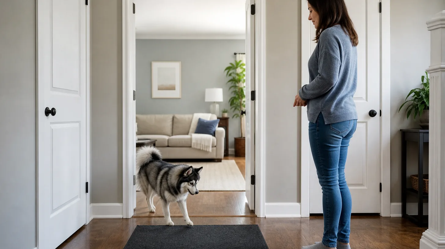 A Pomsky turns from an interior doorway toward a floor mat