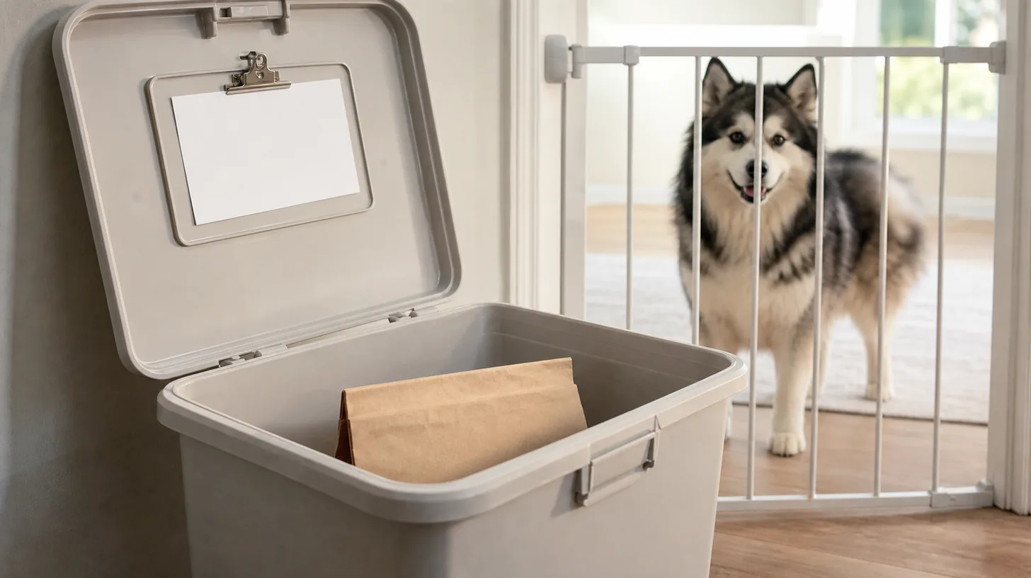 A plain folded food bag and blank lot card are kept in an open storage bin while a Pomsky waits behind a gate