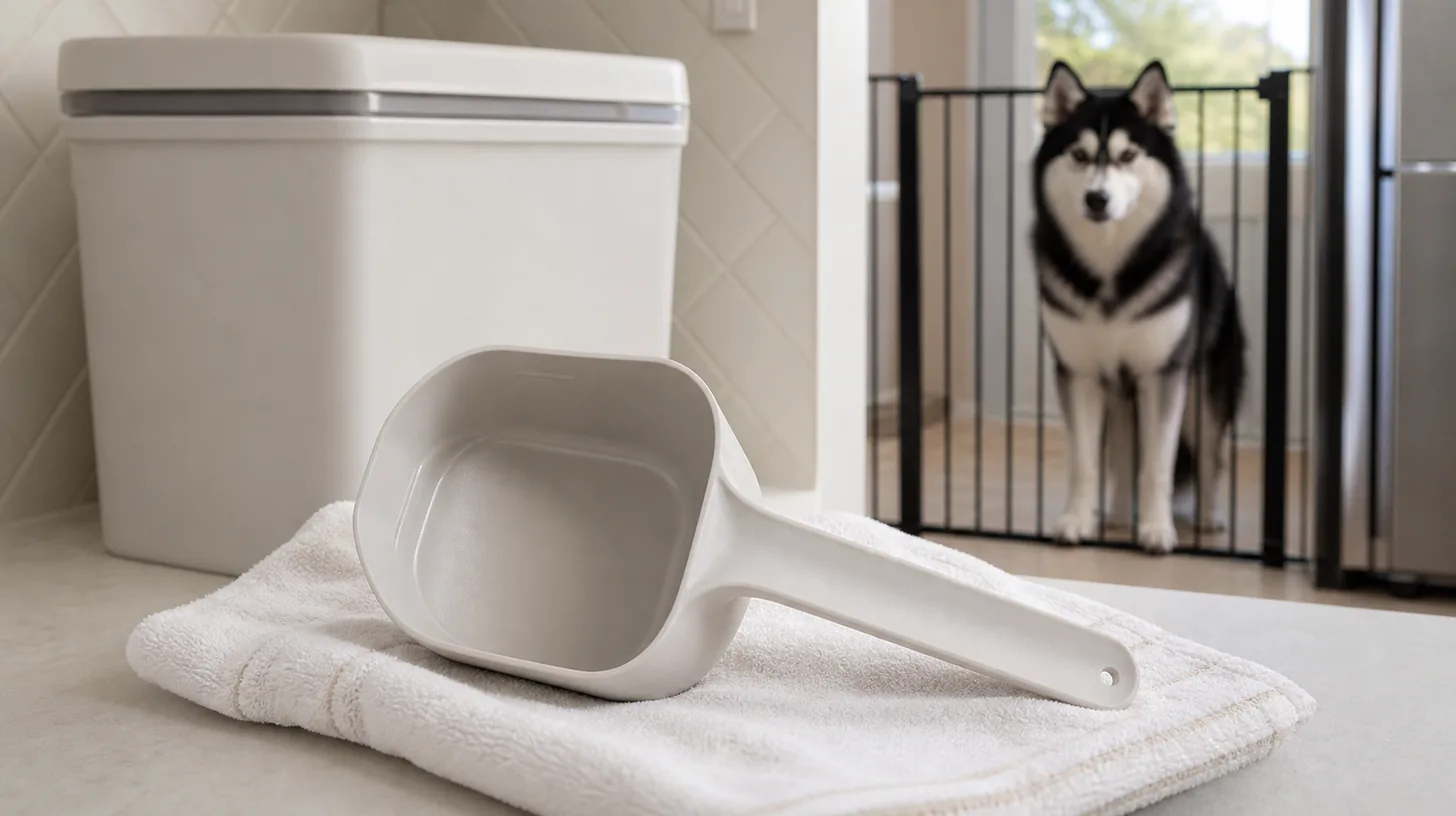 An empty dry-food scoop rests on a towel beside a closed bin away from a gated Pomsky
