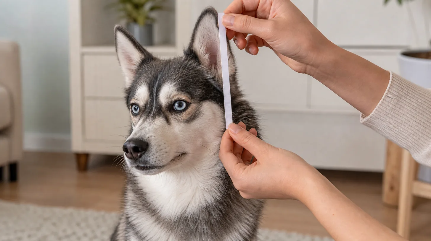 A soft blank measuring strip is held beside the outer ear of a calm Pomsky