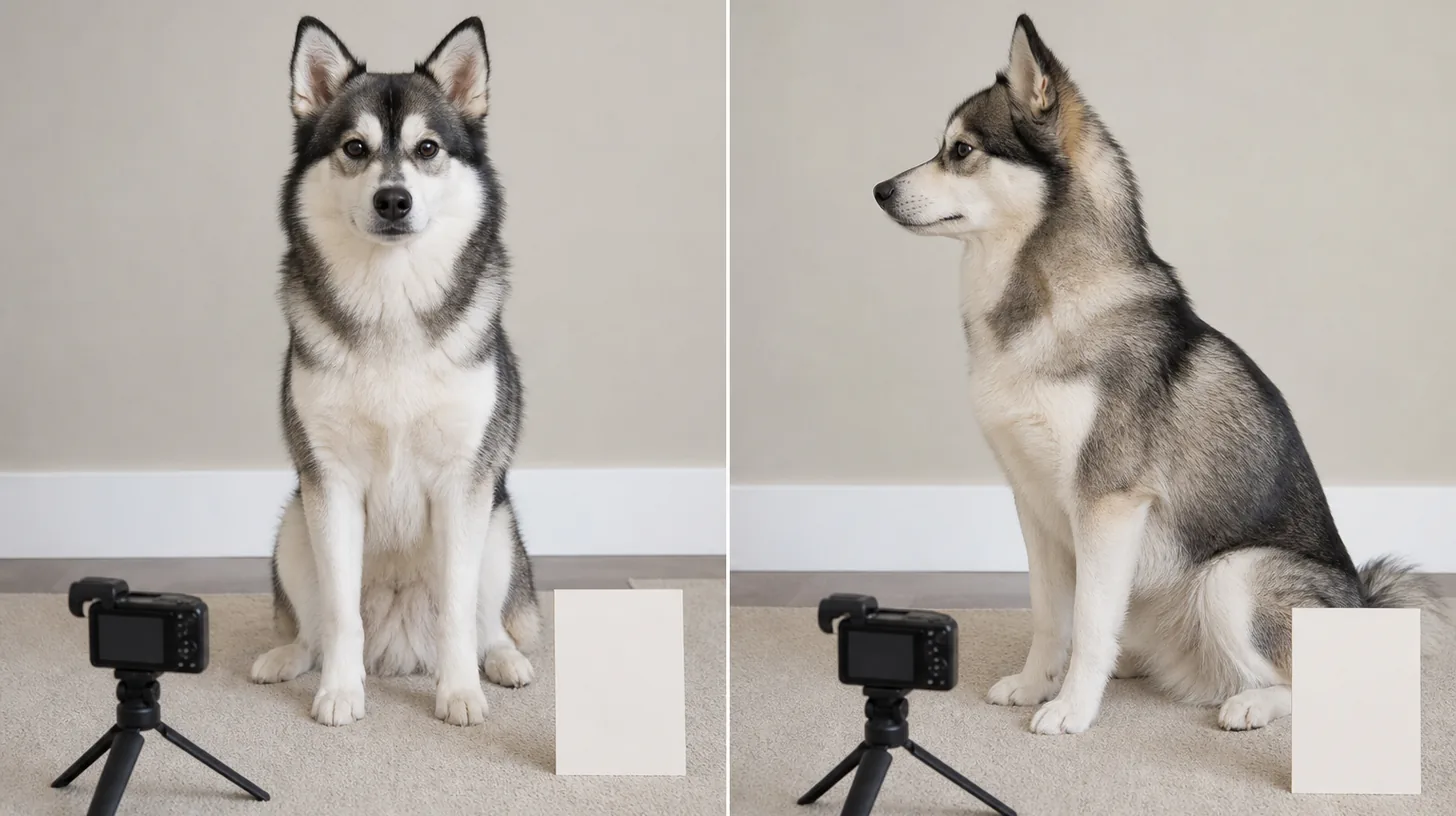 Pomsky appears in calm front and side photo setups beside cameras and blank context cards