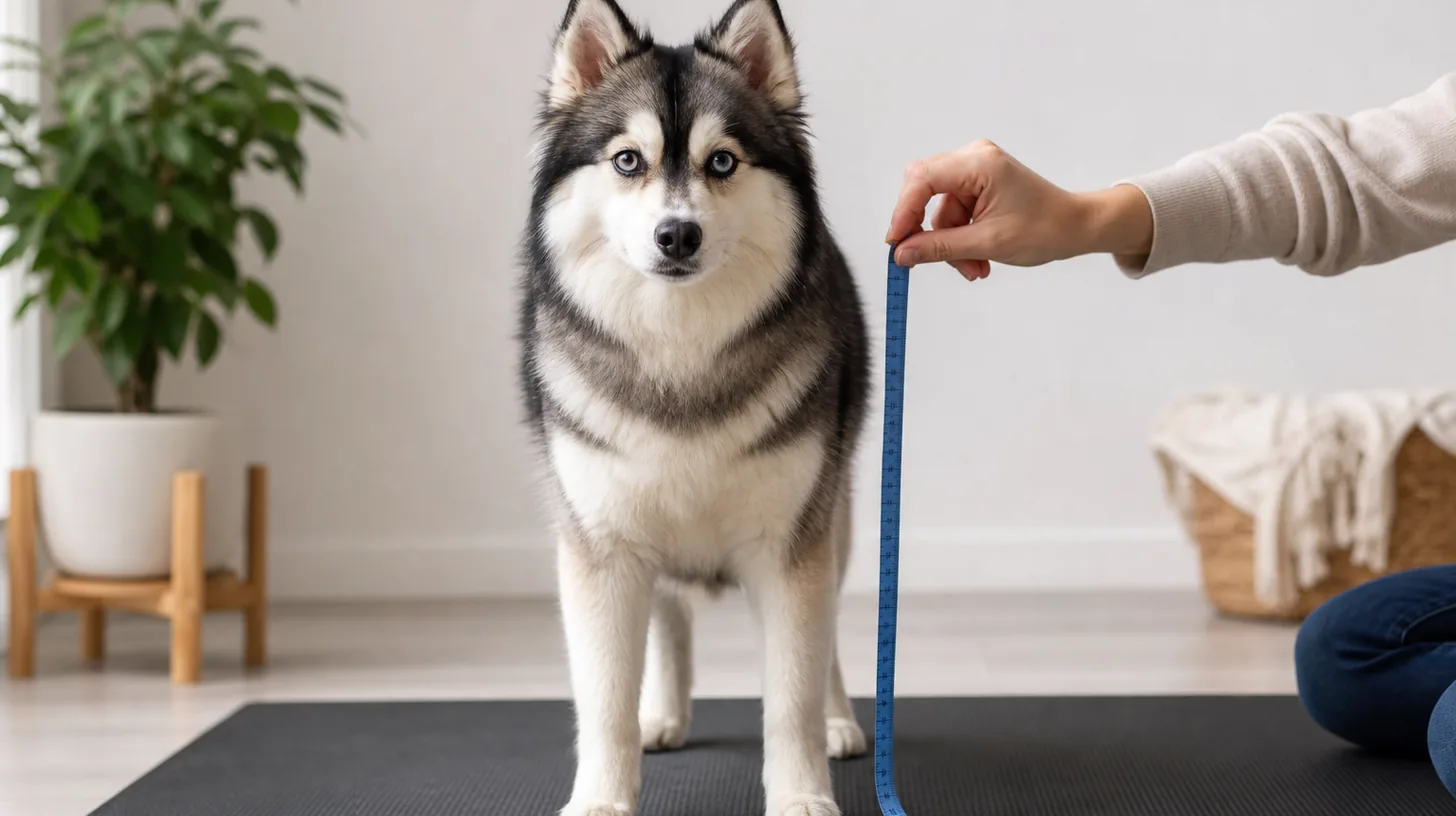 A calm Pomsky stands square while a tape is held vertically beside one foreleg
