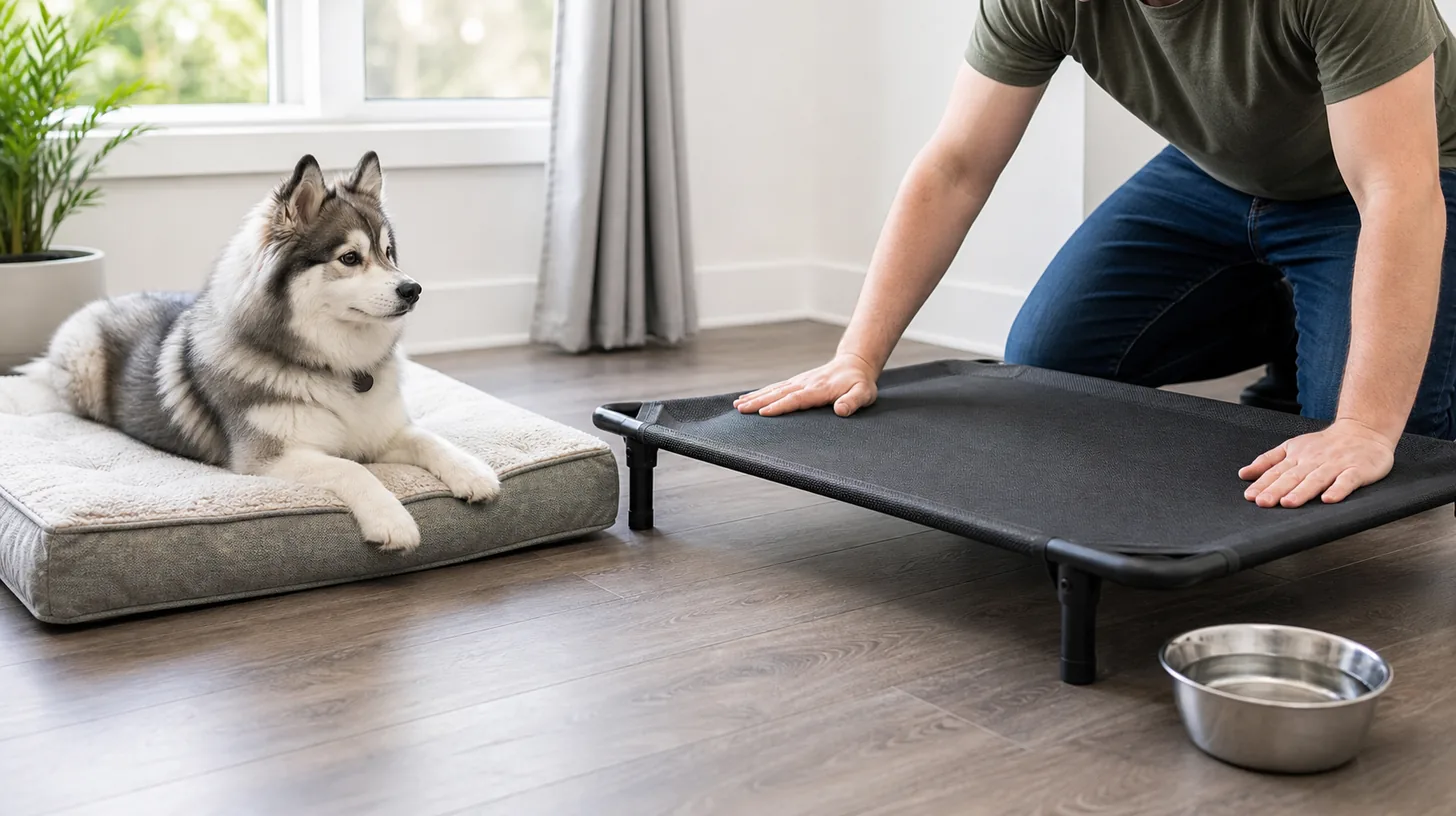 A Pomsky rests on a floor bed while an adult tests an empty elevated dog cot