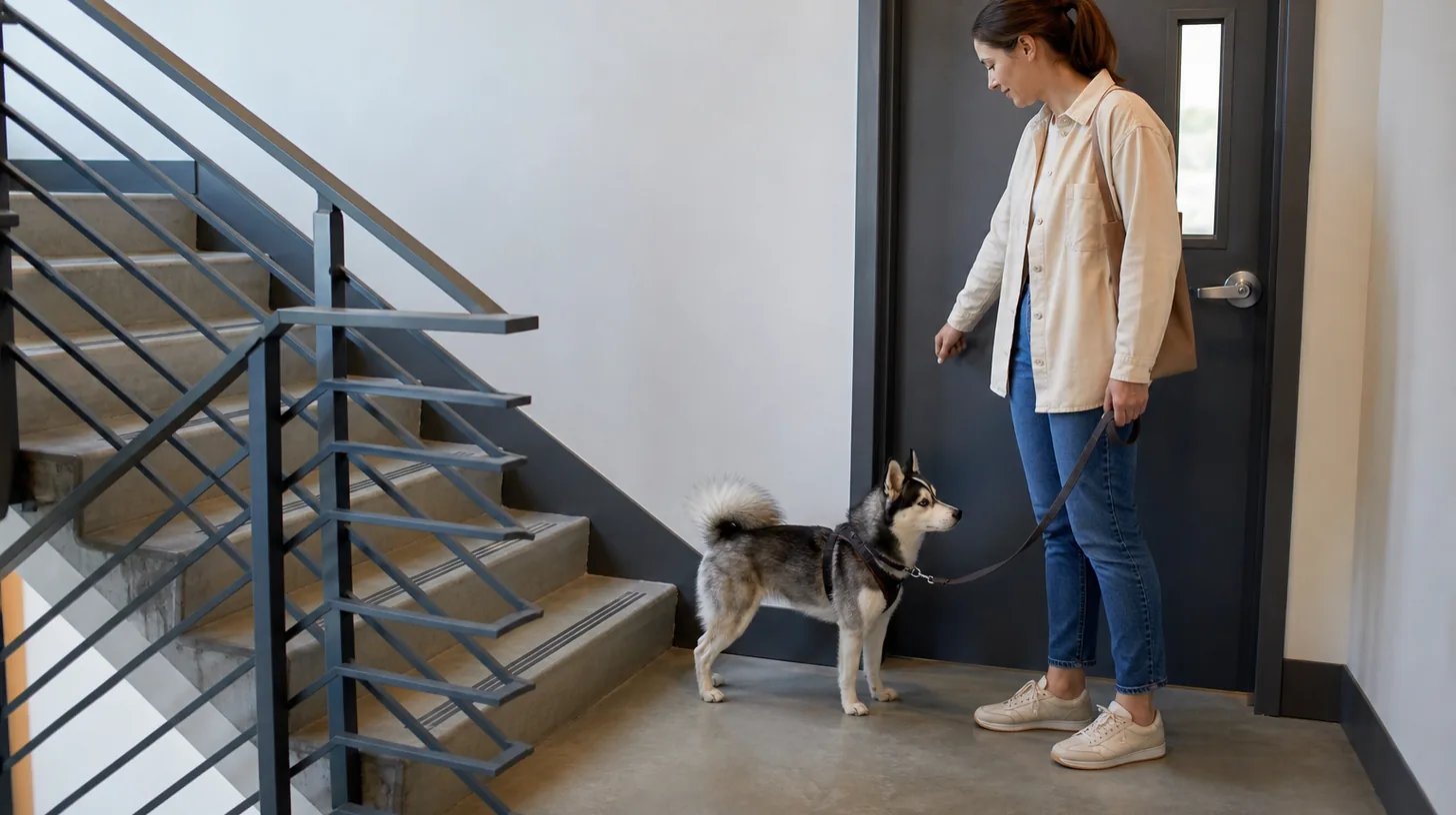 Leashed Pomsky and caregiver paused on a clear apartment stair landing beside a closed door
