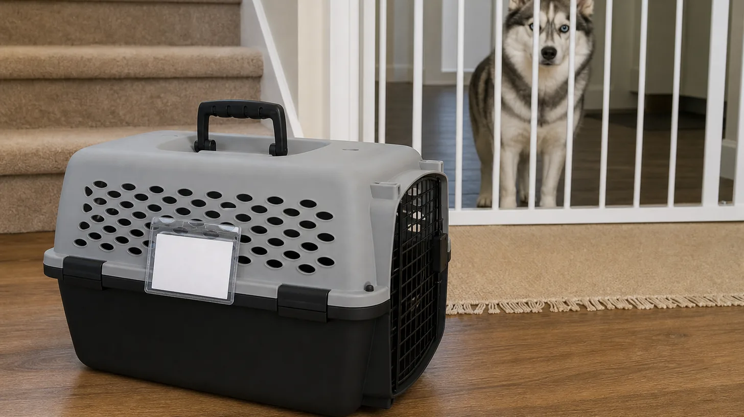 A blank identification pouch is attached to a closed carrier away from a gated Pomsky