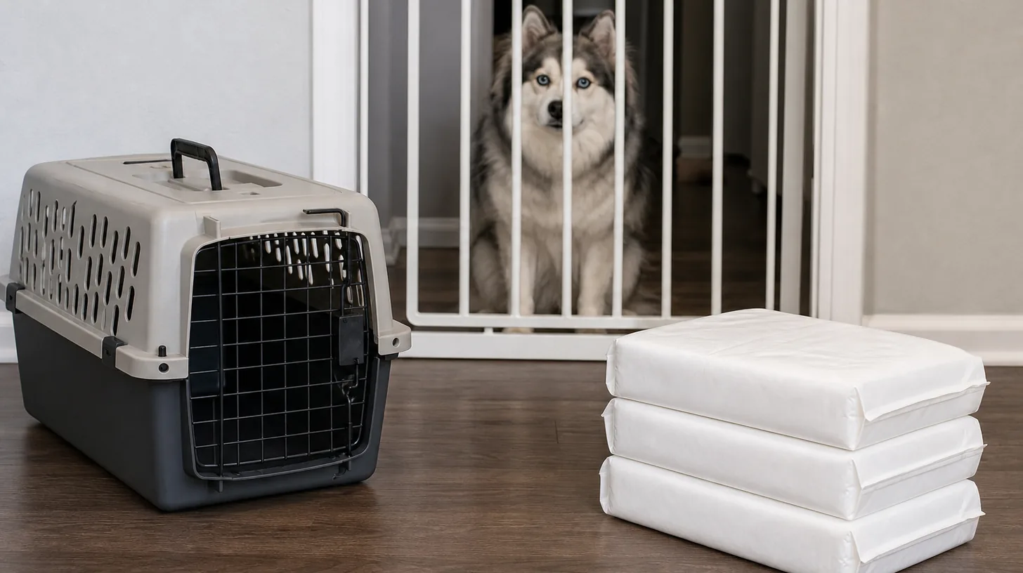 Sealed absorbent pad packages lie beside a closed carrier away from a gated Pomsky