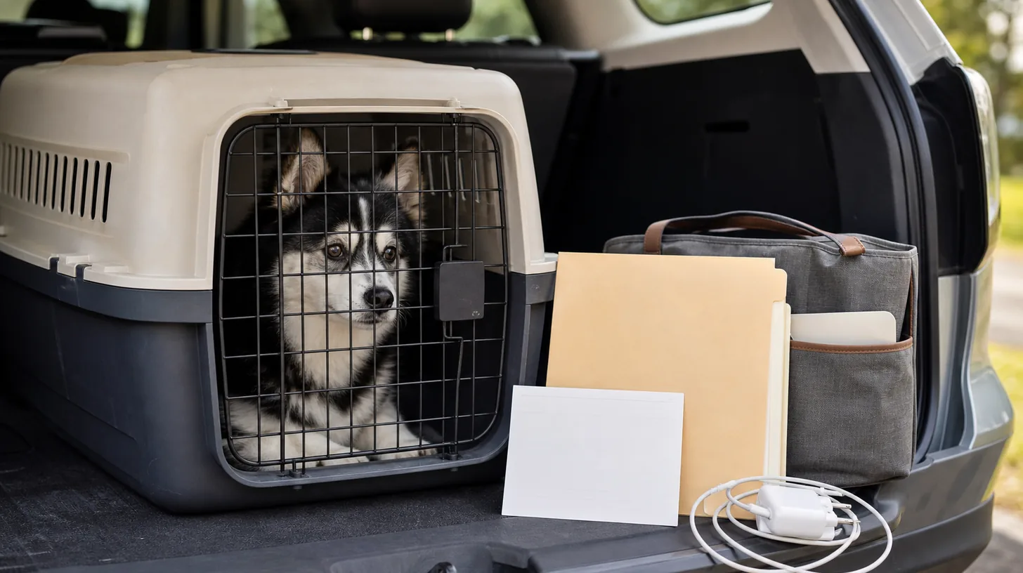 Pomsky rests in a closed carrier beside a plain transfer folder blank inventory card and phone charger at a vehicle