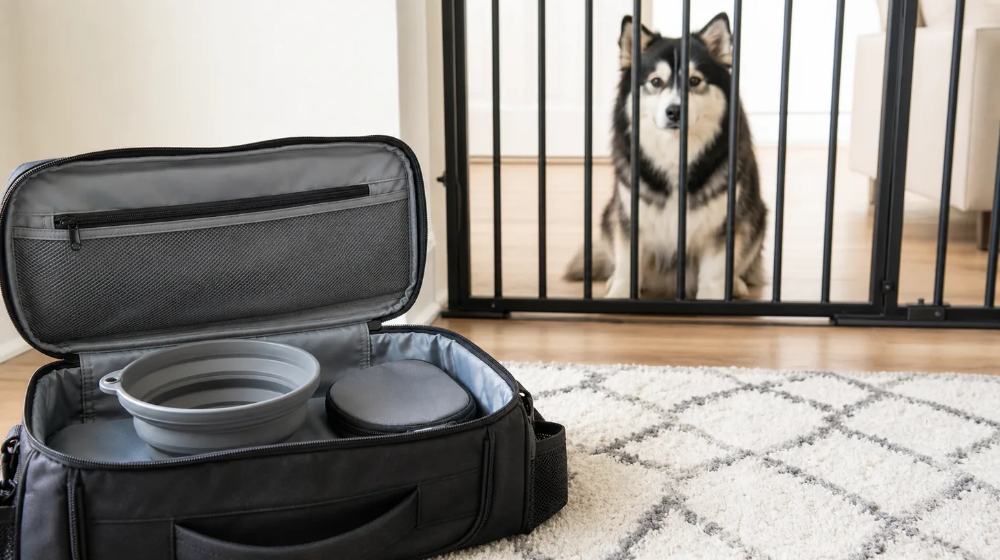 An empty collapsible water bowl and folded sleeve sit in a go-bag away from a gated Pomsky